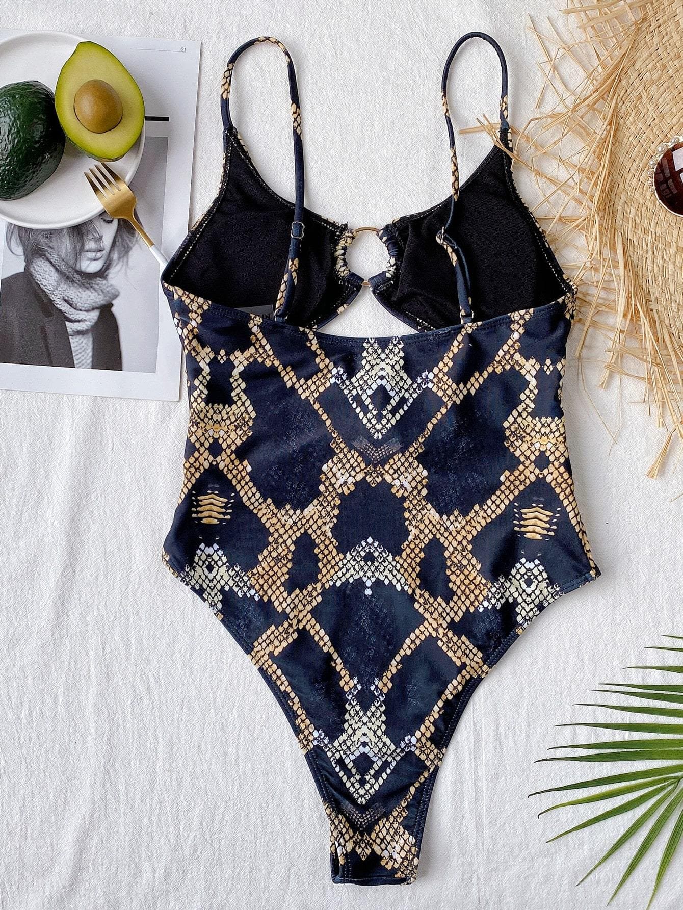 Snakeskin Cut-out Ring Linked One Piece Swimsuit