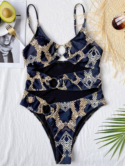 Snakeskin Cut-out Ring Linked One Piece Swimsuit