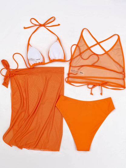 Orange Scoop Neck Mesh Triangle Tie Side Skirt Bikini Swimwear