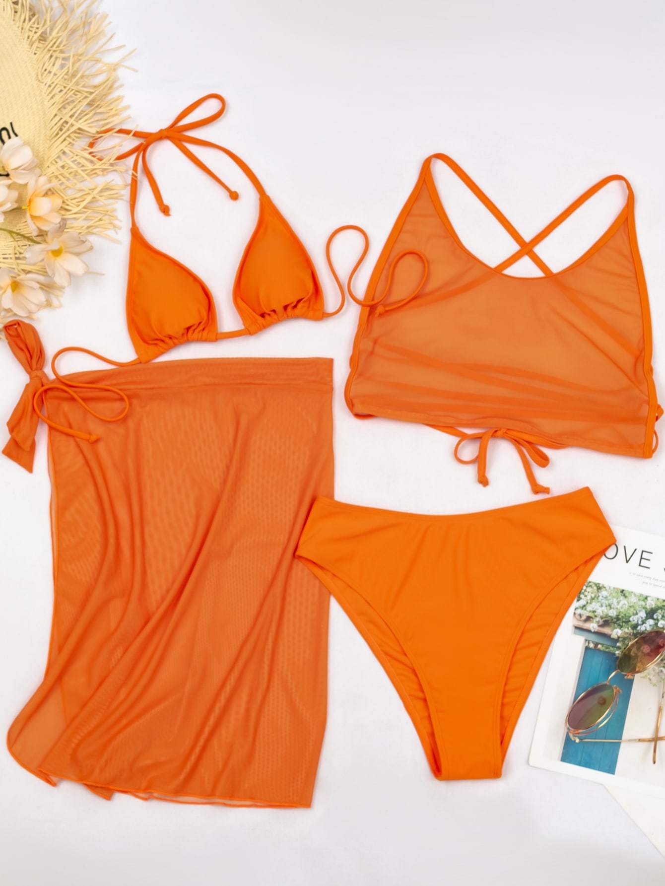Orange Scoop Neck Mesh Triangle Tie Side Skirt Bikini Swimwear