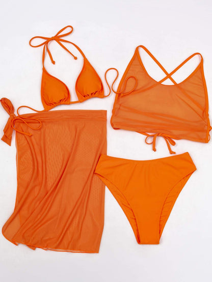 Orange Scoop Neck Mesh Triangle Tie Side Skirt Bikini Swimwear