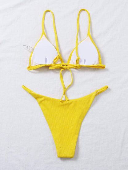 Yellow Halter Neck Triangle Thong Bikini Swimwear