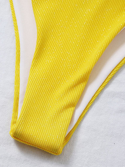 Yellow Halter Neck Triangle Thong Bikini Swimwear