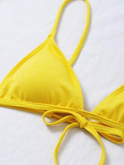 Yellow Halter Neck Triangle Thong Bikini Swimwear