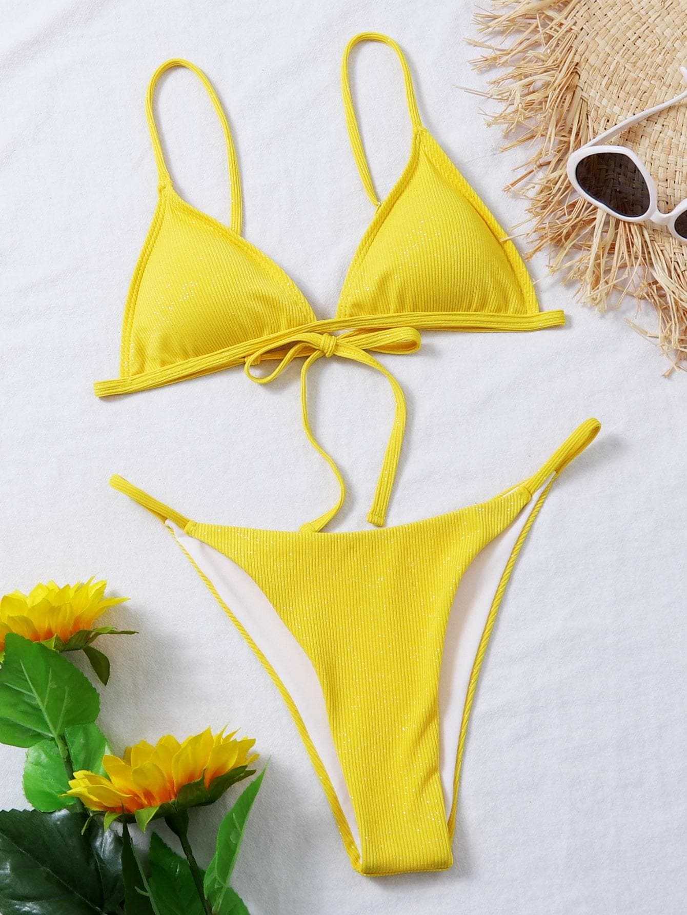 Yellow Halter Neck Triangle Thong Bikini Swimwear