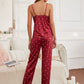 Burgundy Polka Dot Spaghetti Strap Sleeveless Lace Trim Pyjama Sleepwear Set