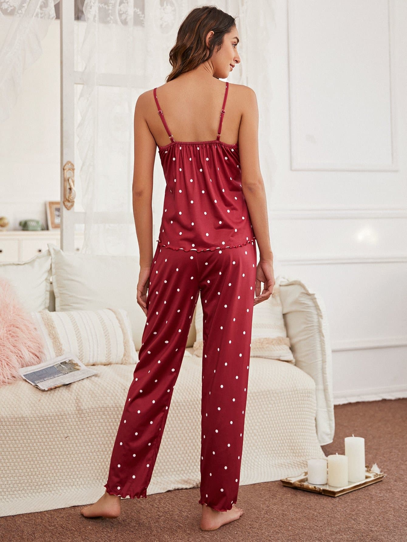 Burgundy Polka Dot Spaghetti Strap Sleeveless Lace Trim Pyjama Sleepwear Set
