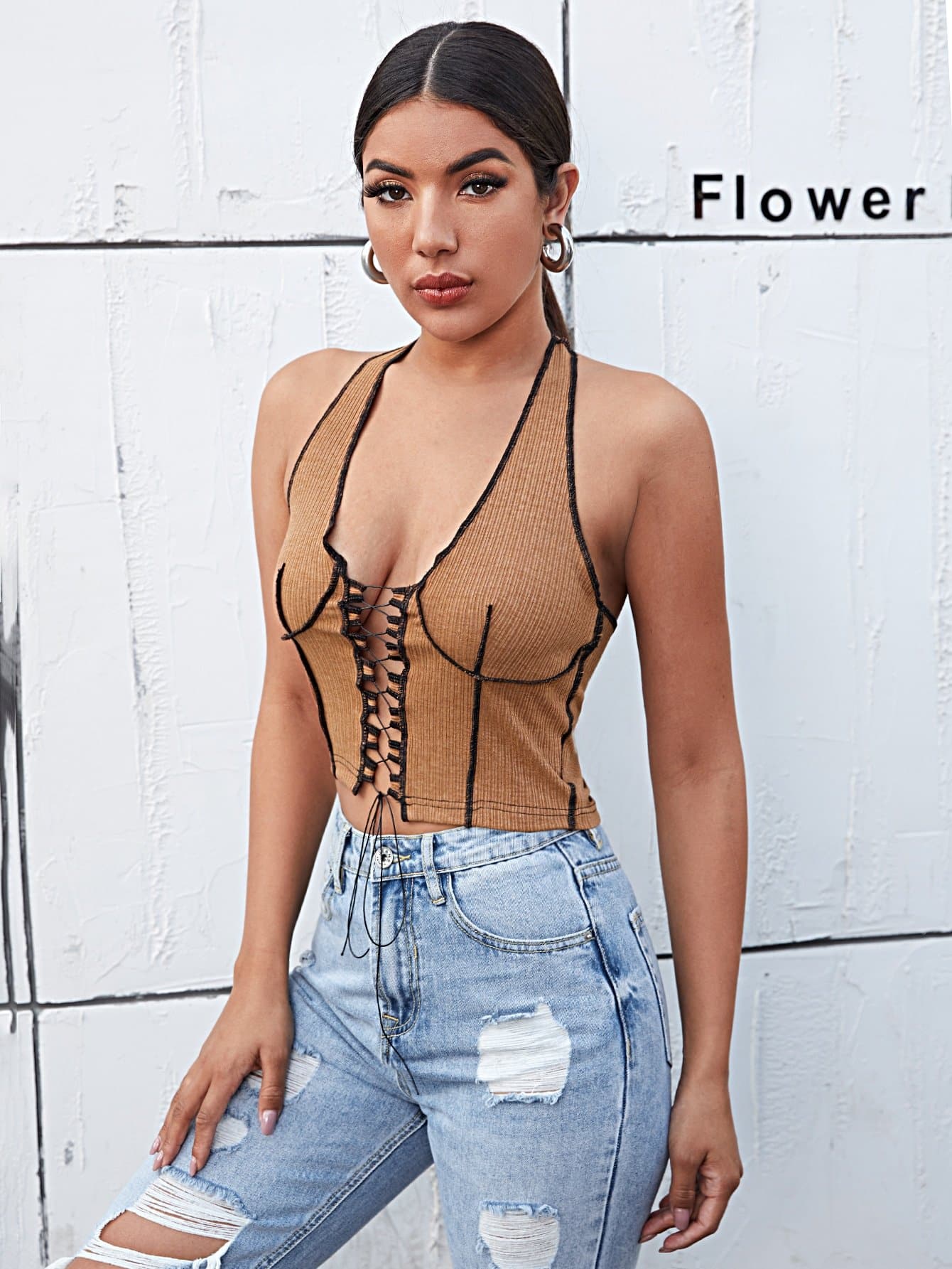 Lace Up Seam Front Slim Fit Halter Top
