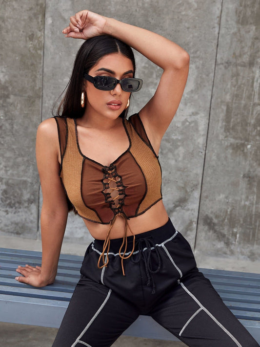 Lace Up Front Contrast Stitch Two Tone Crop Tank Top