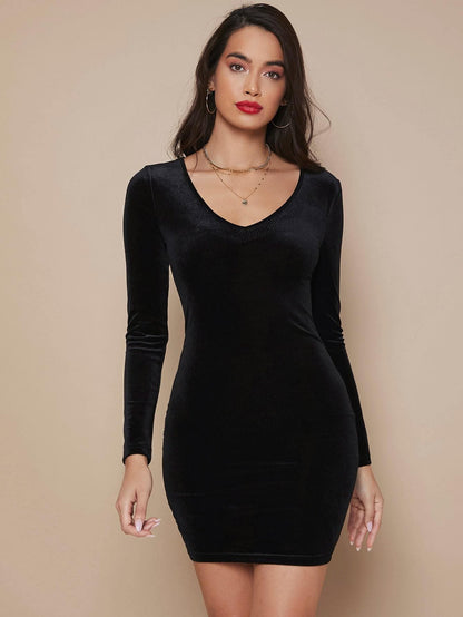 V-Neck Solid Velvet Slim Fit Dress