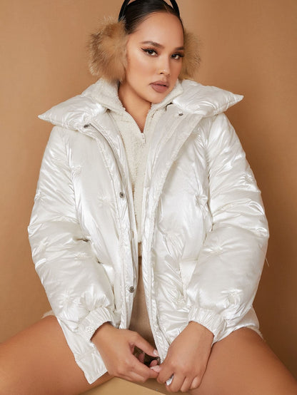 Button Front Zipper Flap Pocket Puffer Coat