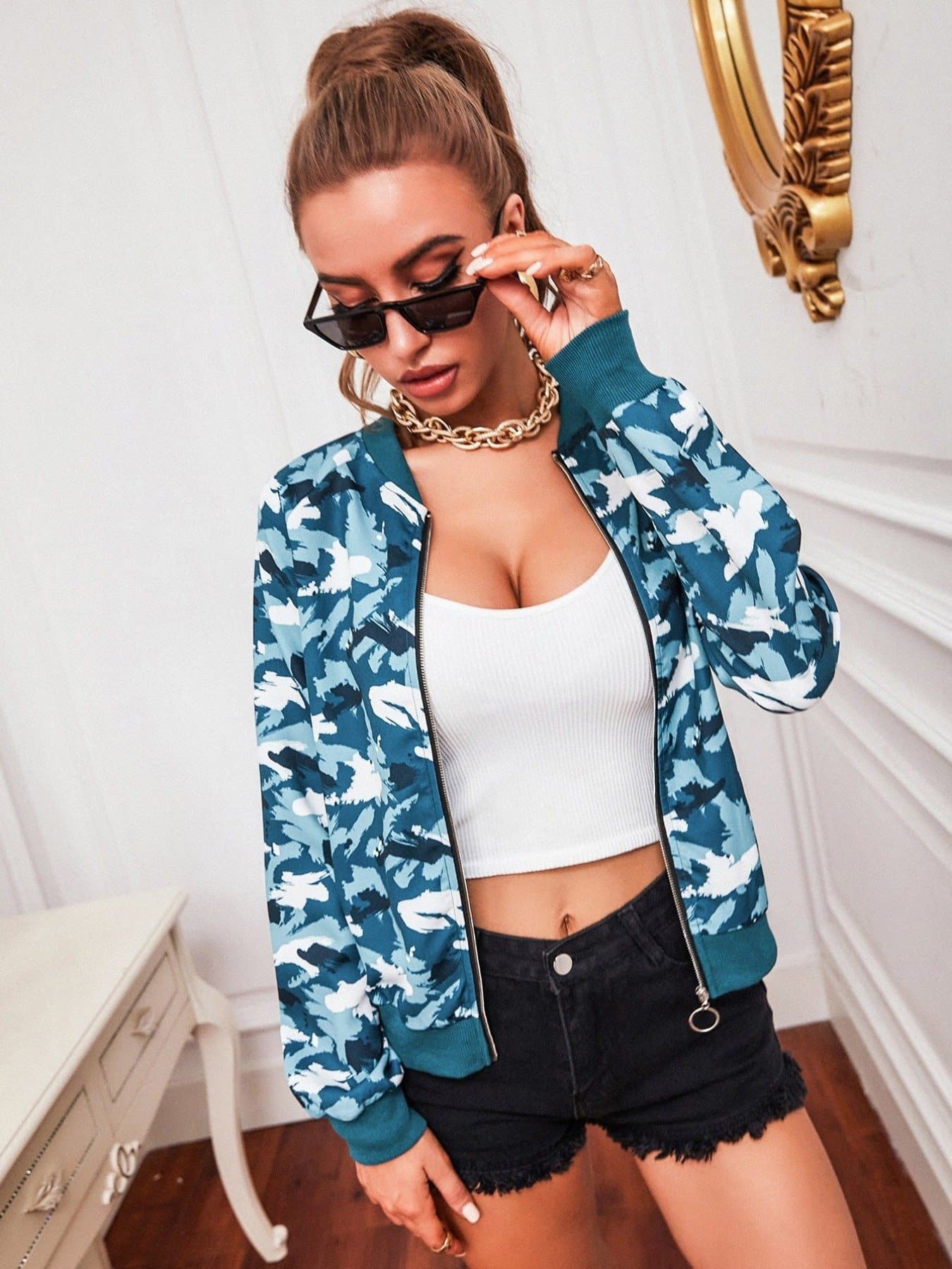 Baseball Collar Camo Print Zip-up Bomber Jacket