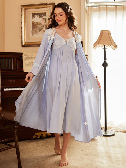 Pastel Blue Contrast Lace Robe With Cami Dress Sleepwear
