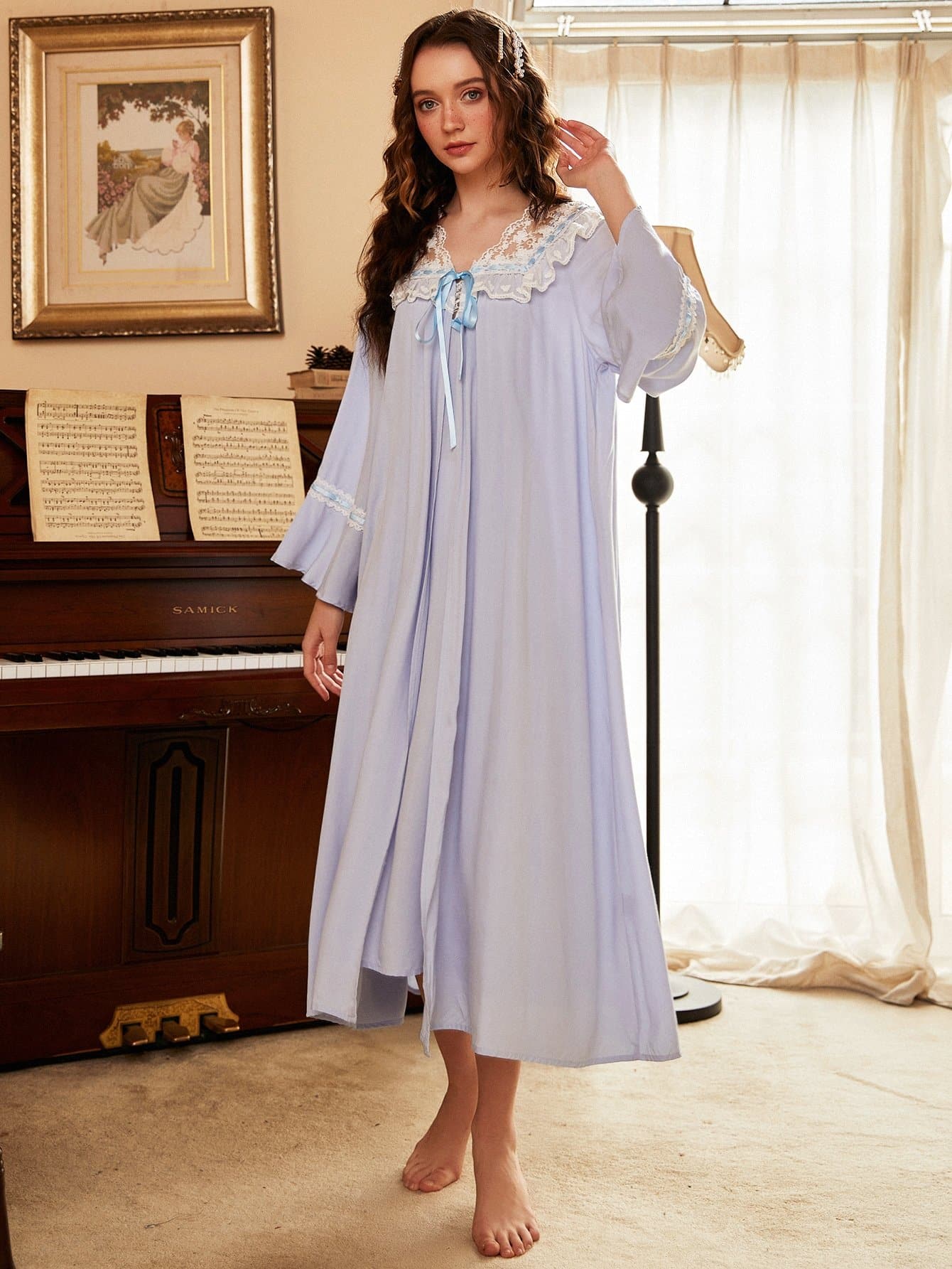 Pastel Blue Contrast Lace Robe With Cami Dress Sleepwear