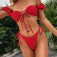 Red Off Shoulder Knot Front Bardot Tie Side Bikini Swimwear