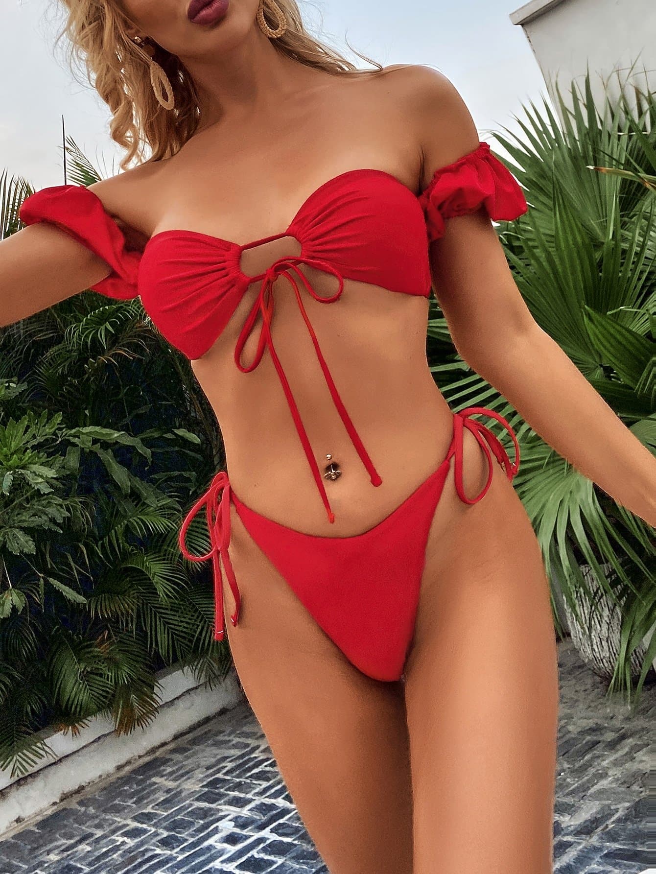 Red Off Shoulder Knot Front Bardot Tie Side Bikini Swimwear