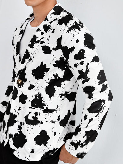 Single Breasted Cow Print Notch Collar Blazer