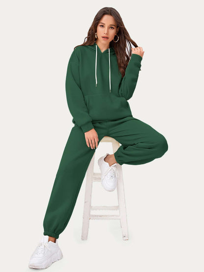 Drop Shoulder Pouch Pocket Drawstring Hoodie and Joggers Set