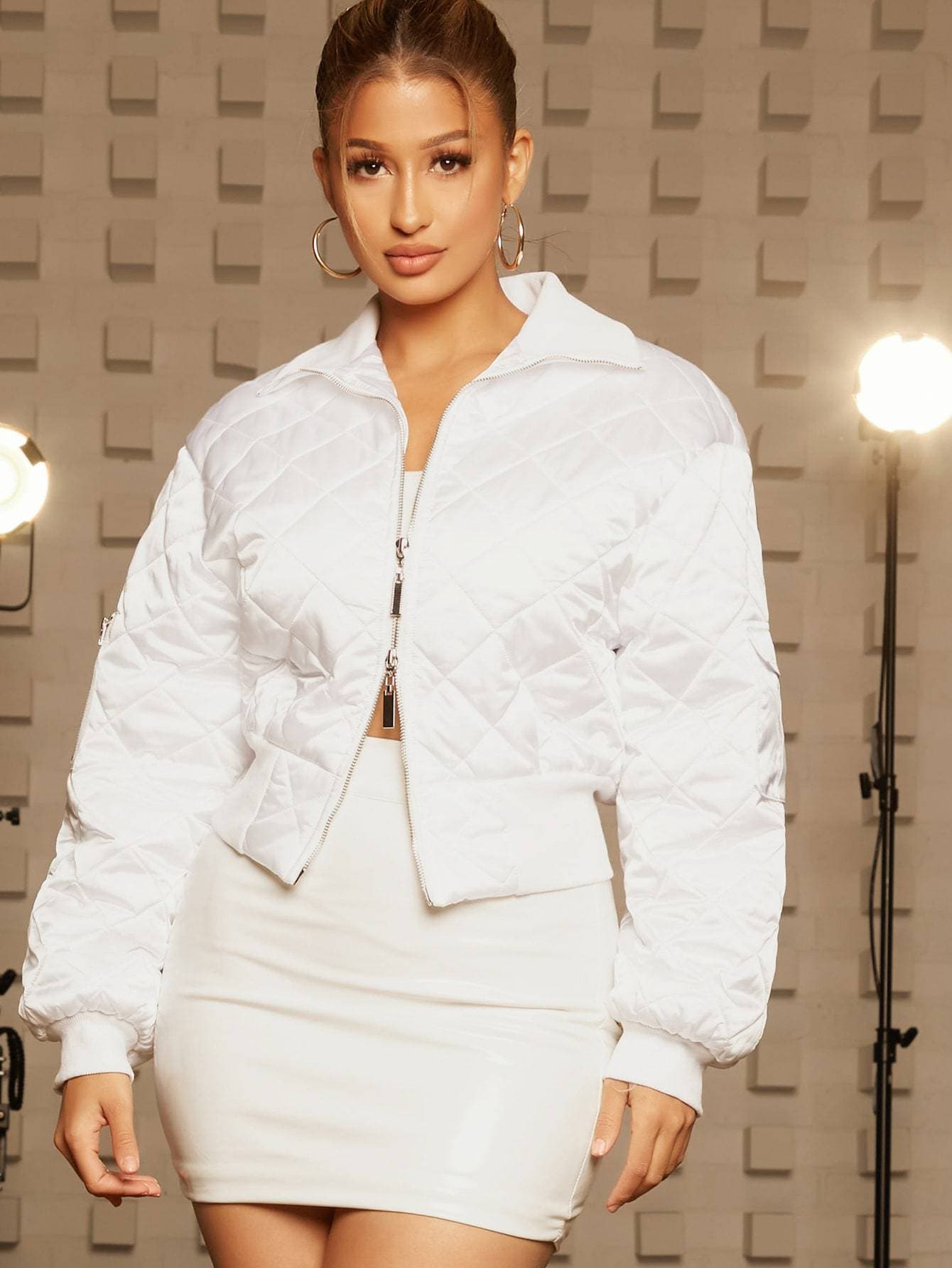 White Collared Zip Up Flap Pocket Sleeve Quilted Jacket