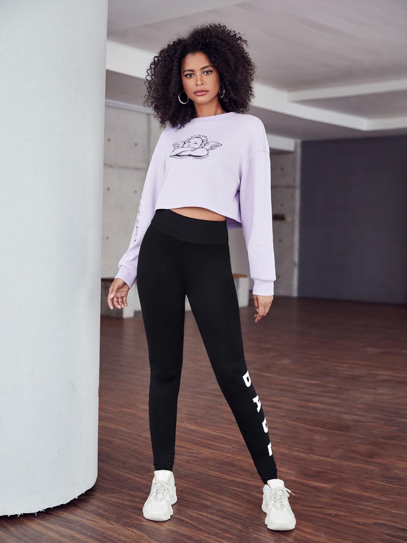 Letter Graphic Wide band Waist Leggings