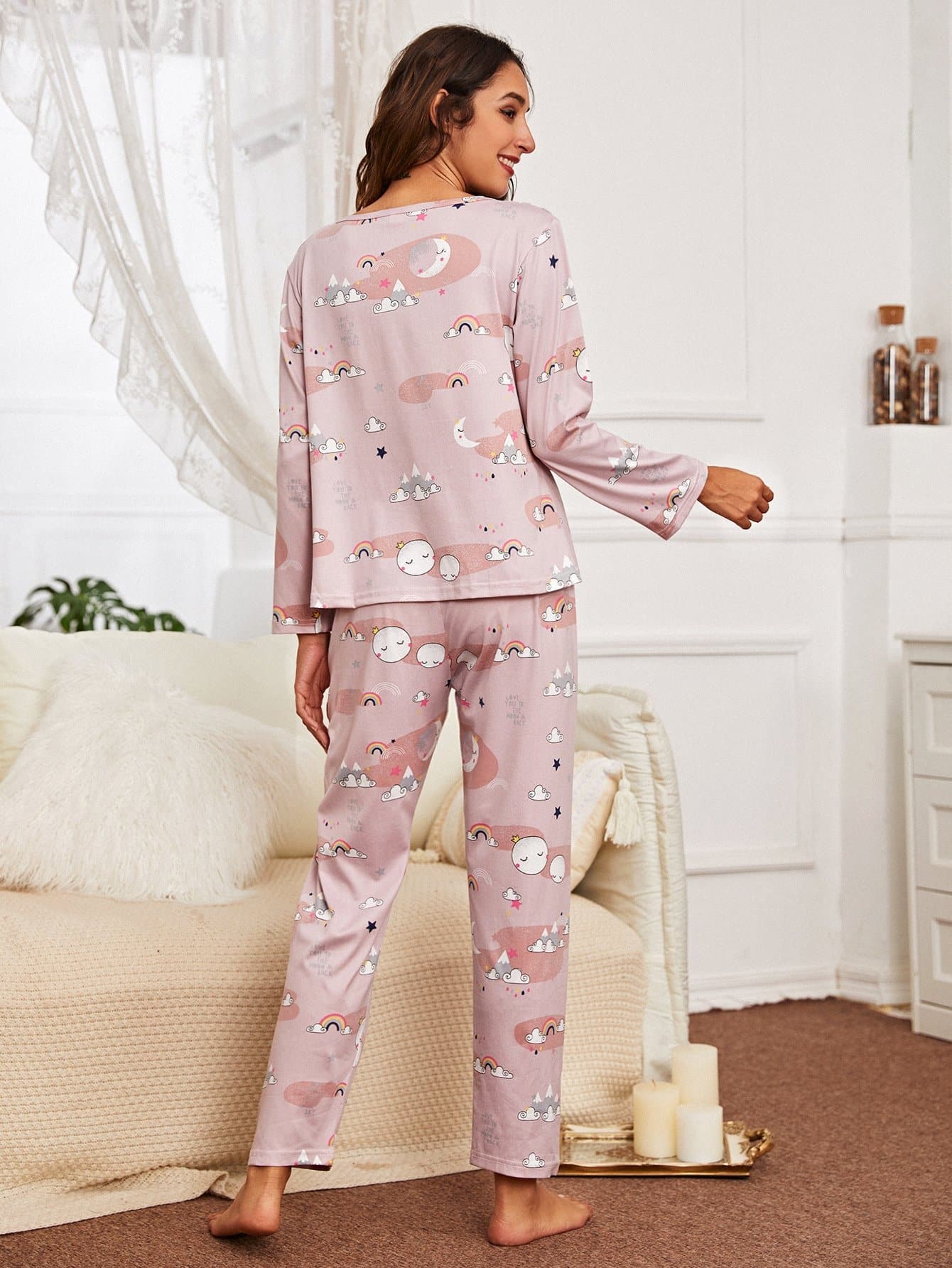 Round Neck Cartoon Graphic Pyjama Sleepwear Set With Eyecover