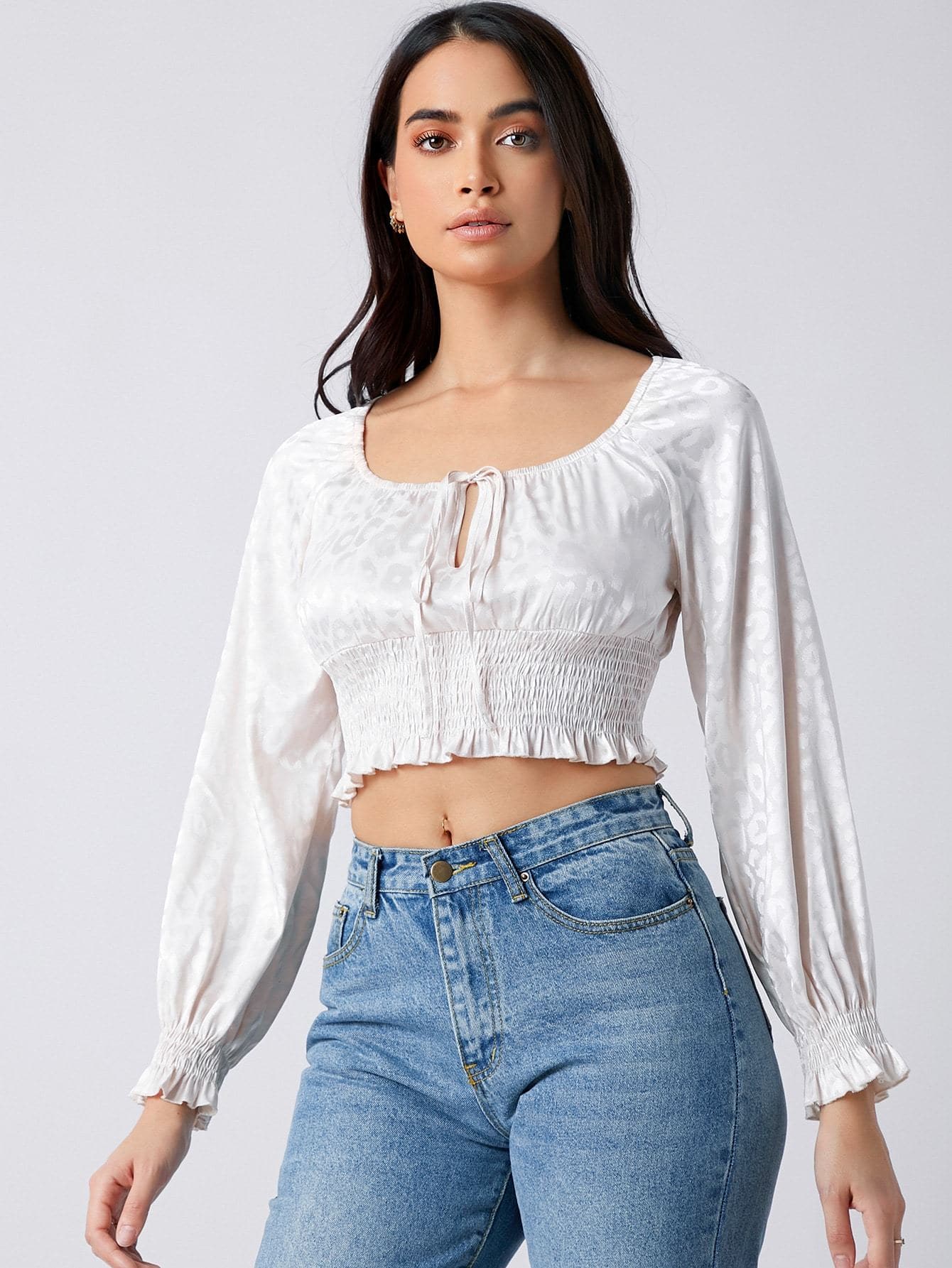 Tie Neck Shirred Panel Leopard Jacquard Satin Top