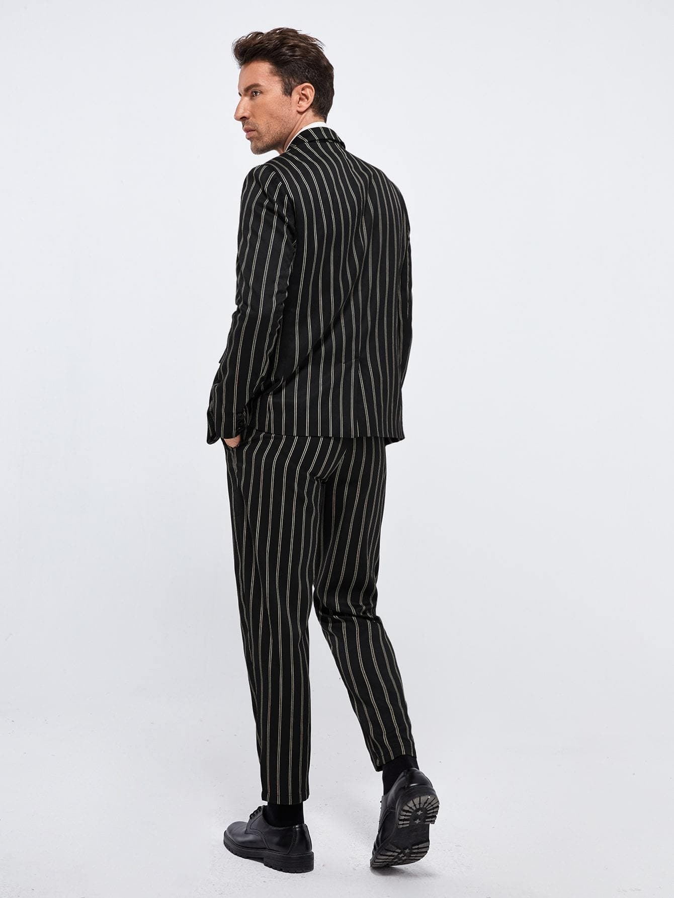Black Peak Collar Striped Blazer and Tailored Trousers Set