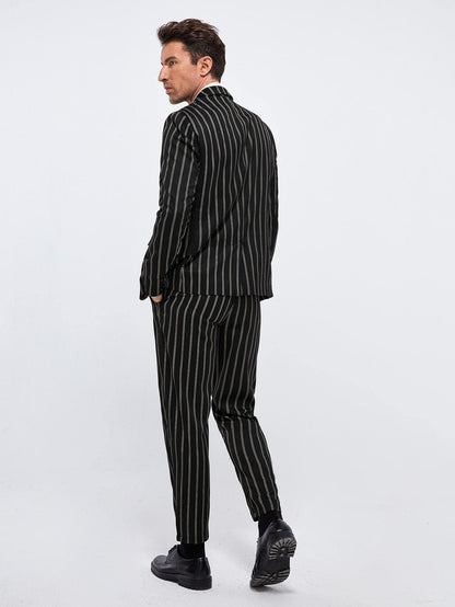 Black Peak Collar Striped Blazer and Tailored Trousers Set