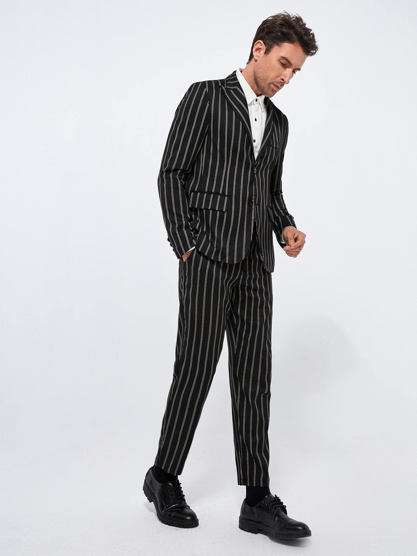 Black Peak Collar Striped Blazer and Tailored Trousers Set