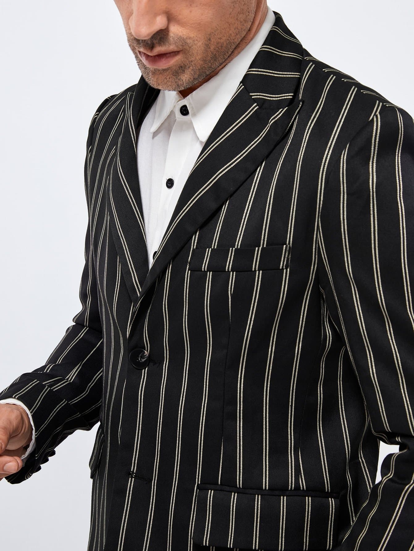 Black Peak Collar Striped Blazer and Tailored Trousers Set