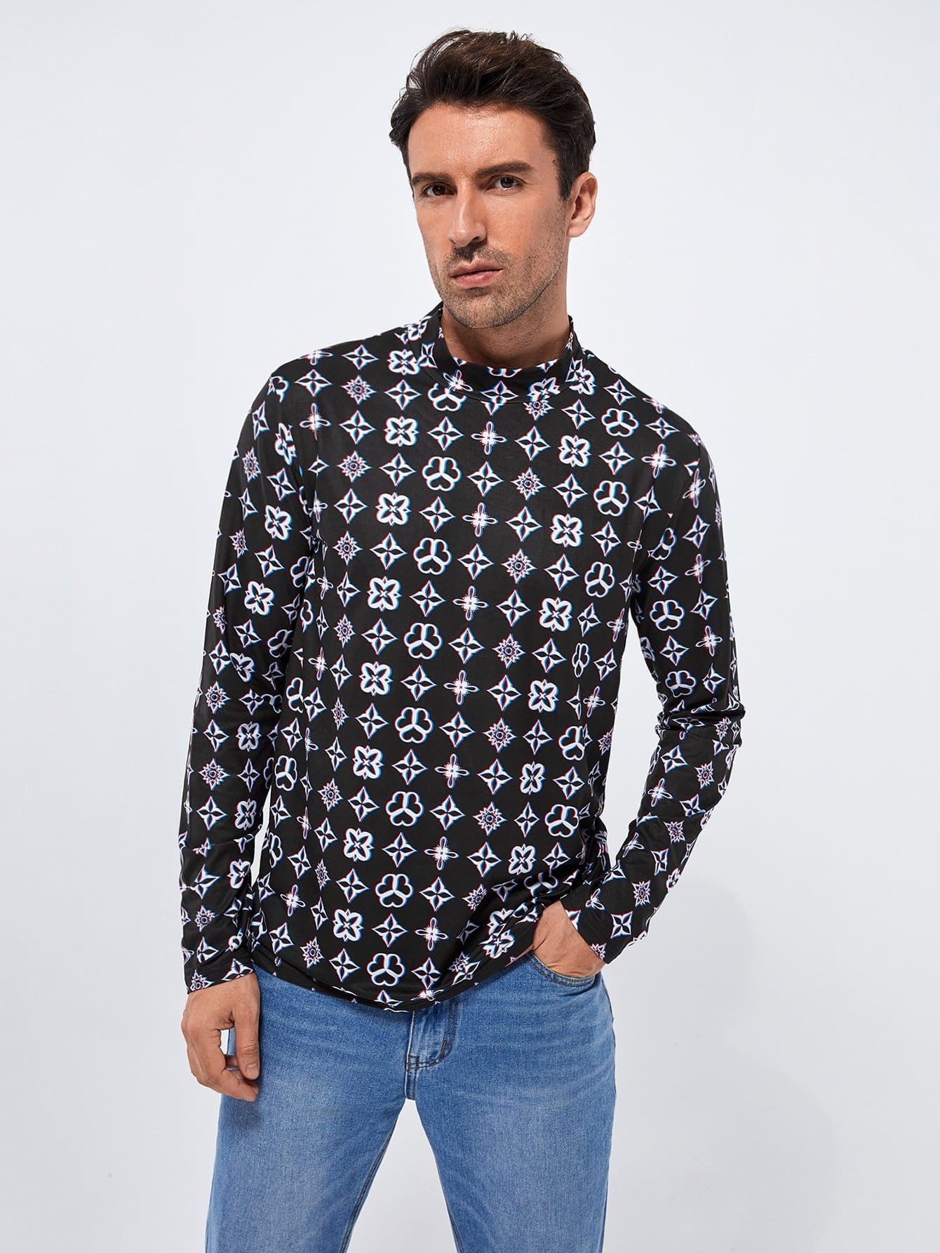 Black Stand Collar Mock Neck Geo Print Top