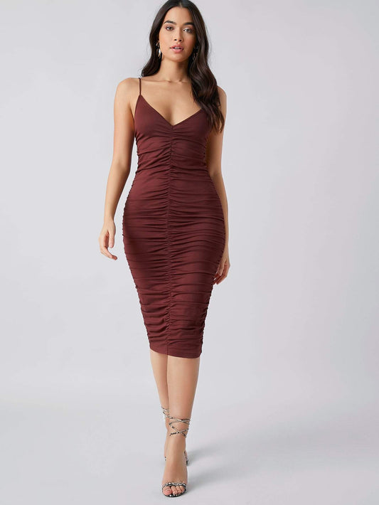 Brown Sleeveless Strapless Ruched Detail Bodycon Tube Dress Wear.Style Brown Sleeveless Strapless Ruched Detail Bodycon Tube Dress Wear.Style
