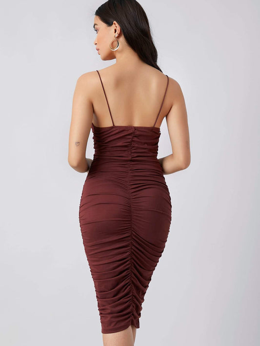 Spaghetti Strap Sleeveless Low Back Ruched Slim Fit Dress