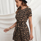 Round Neck Leopard Print Self Belted High Waist Dress