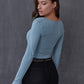 Dusty Blue Square Neck Rib-Knit Lettuce Trim Crop Top