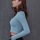 Dusty Blue Square Neck Rib-Knit Lettuce Trim Crop Top