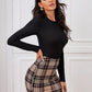 Round Neck Solid Form Fitted Top and Plaid Slim Fit Skirt Set