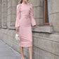 Dusty Pink Stand Collar Flounce Sleeve Buckle Belted Dress