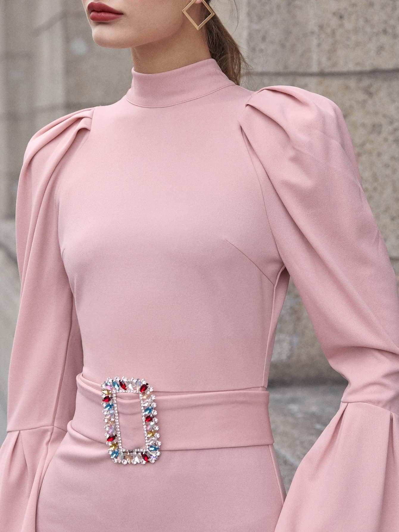 Dusty Pink Stand Collar Flounce Sleeve Buckle Belted Dress