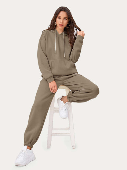 Drop Shoulder Pouch Pocket Drawstring Hoodie and Joggers Set