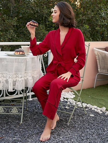 Solid Shawl Collar Contrast Binding Pyjama Sleepwear Set