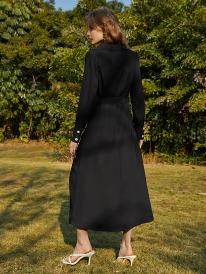 Black Shawl Collar Belted Shirt Dress