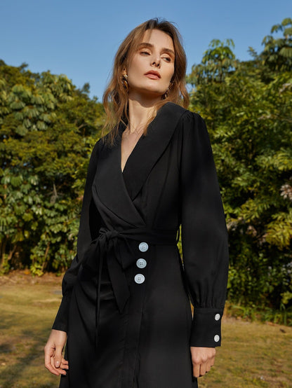 Black Shawl Collar Belted Shirt Dress