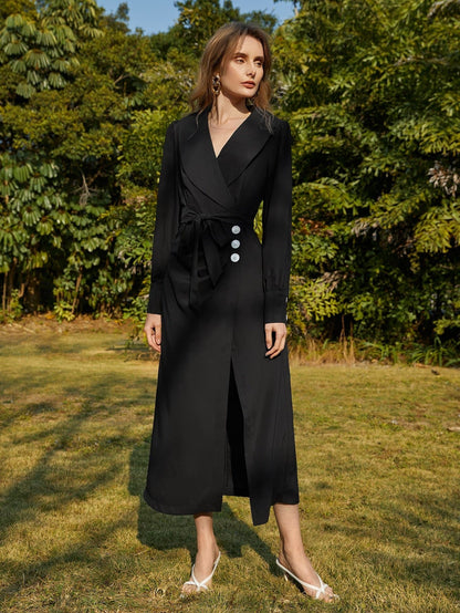 Black Shawl Collar Belted Shirt Dress