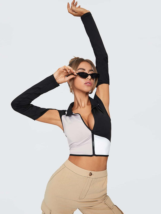Slim Fit High Stretch Two Tone Cut Out Zip Up Top