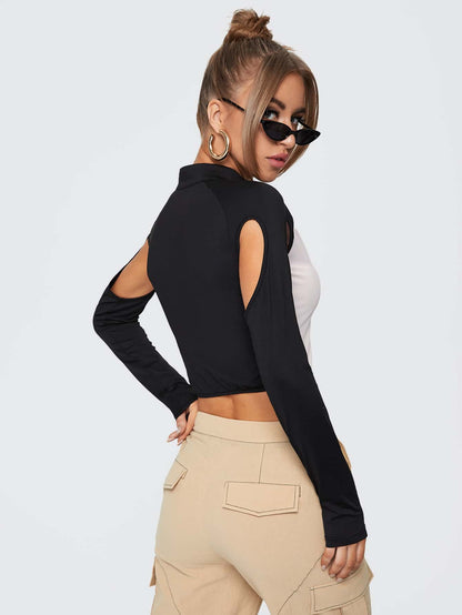 Slim Fit High Stretch Two Tone Cut Out Zip Up Top