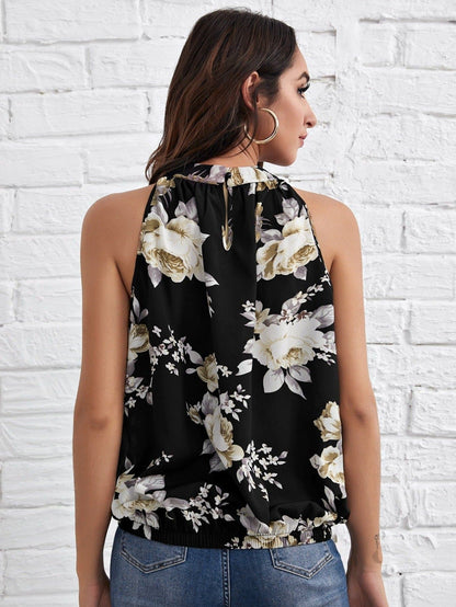 Stand Collar Sleeveless Mock-neck Floral Top