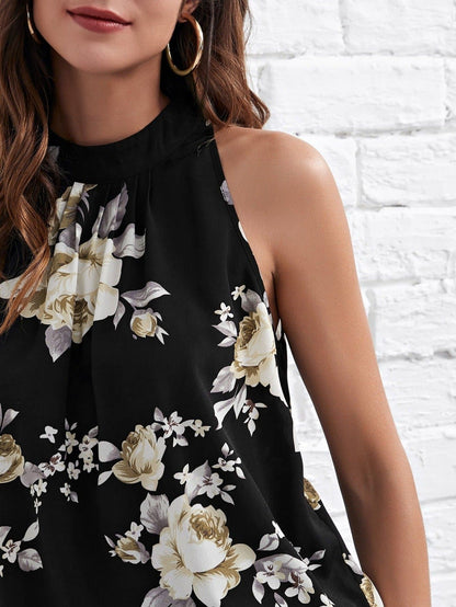 Stand Collar Sleeveless Mock-neck Floral Top