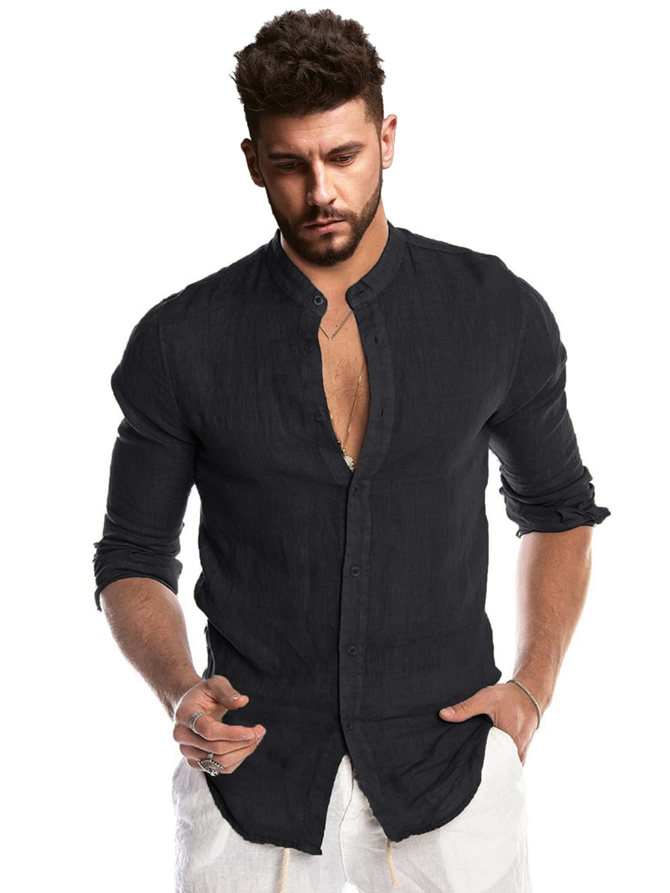 Stand Neck Button Up Long Sleeve Shirt