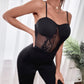 Black High Waist Spaghetti strap Sleeveless Contrast Lace Cami Skinny Jumpsuit